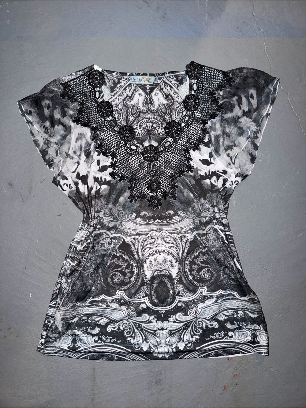 Unity Black & White Crochet Appliqué Tunic Top